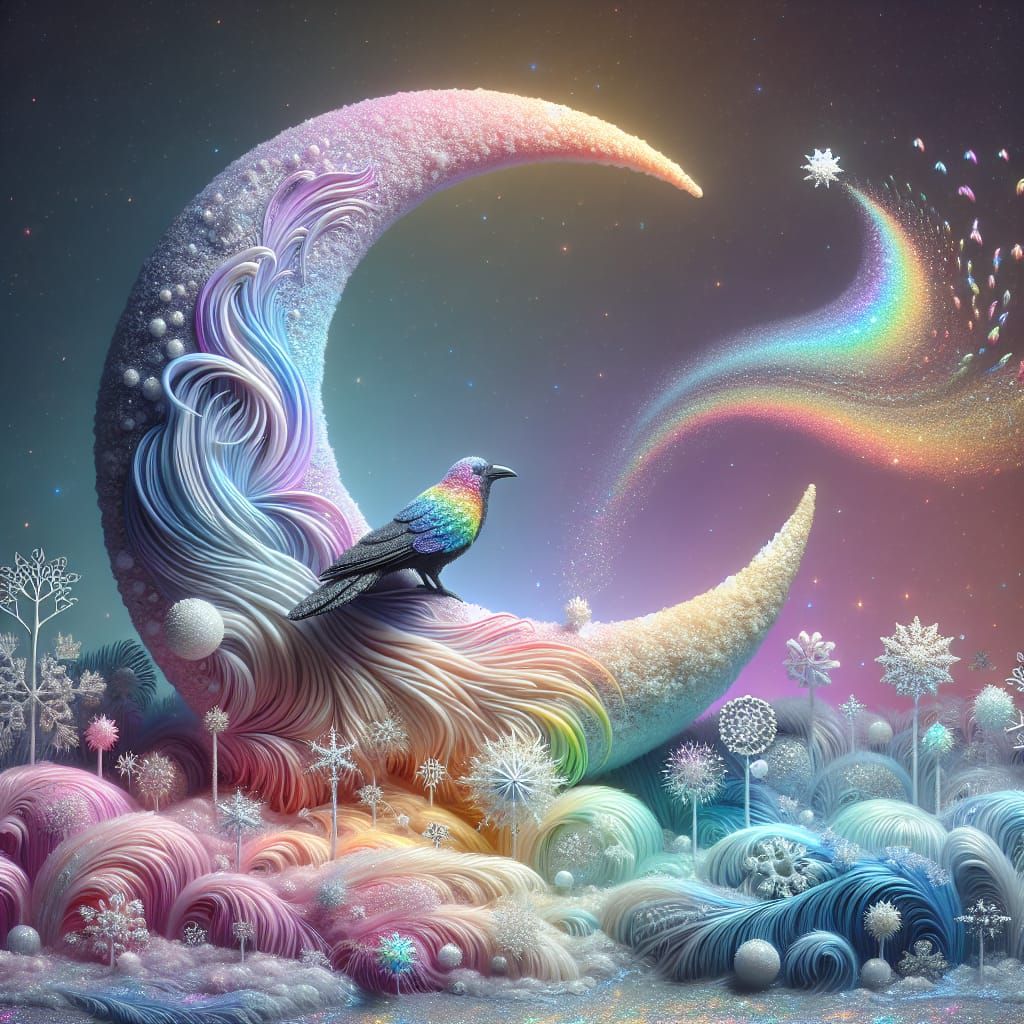 Dreamy Rainbow Crow on Pastel Moon in Starry Space
