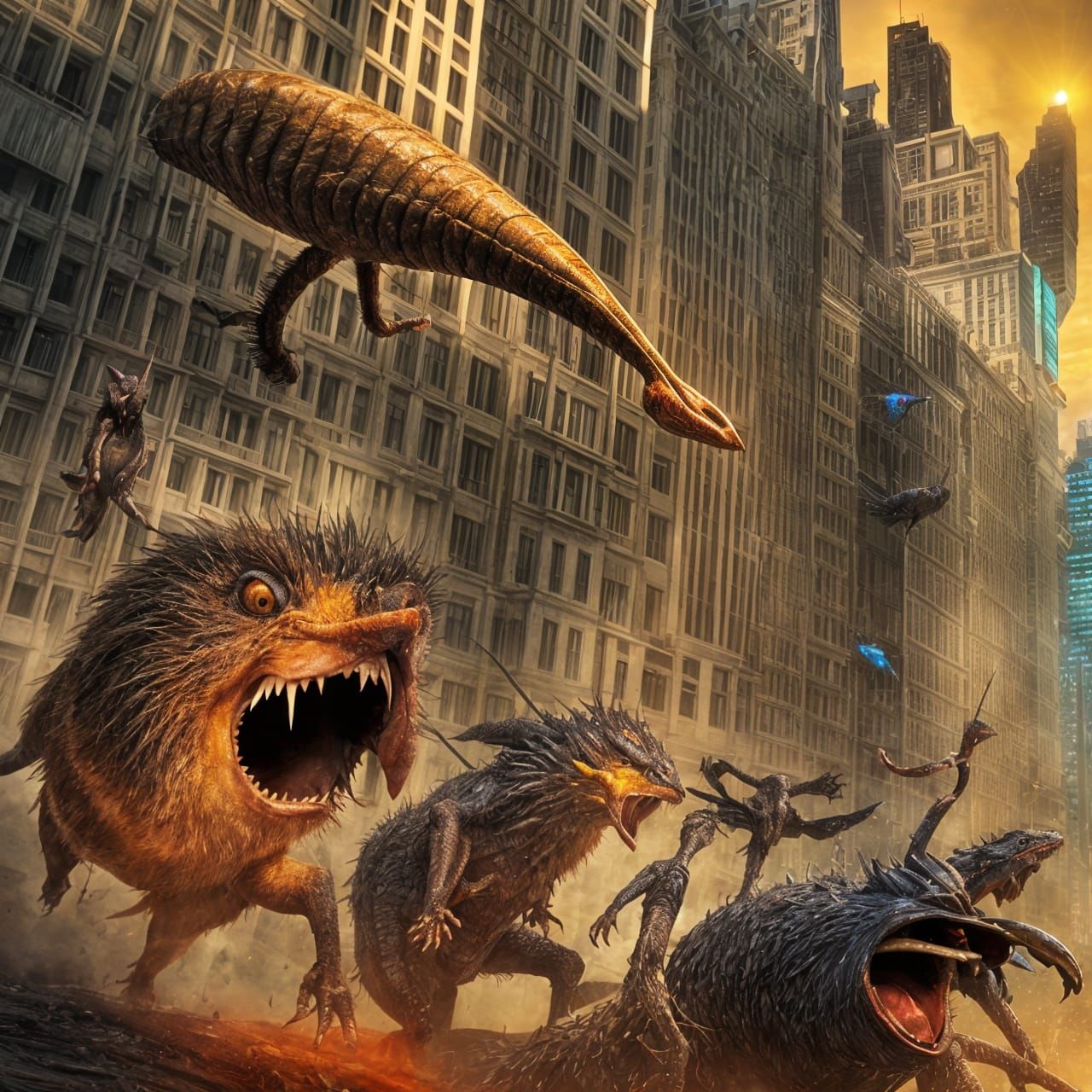 Futuristic Cityscape with Bizarre Creatures in Lam Qua Style