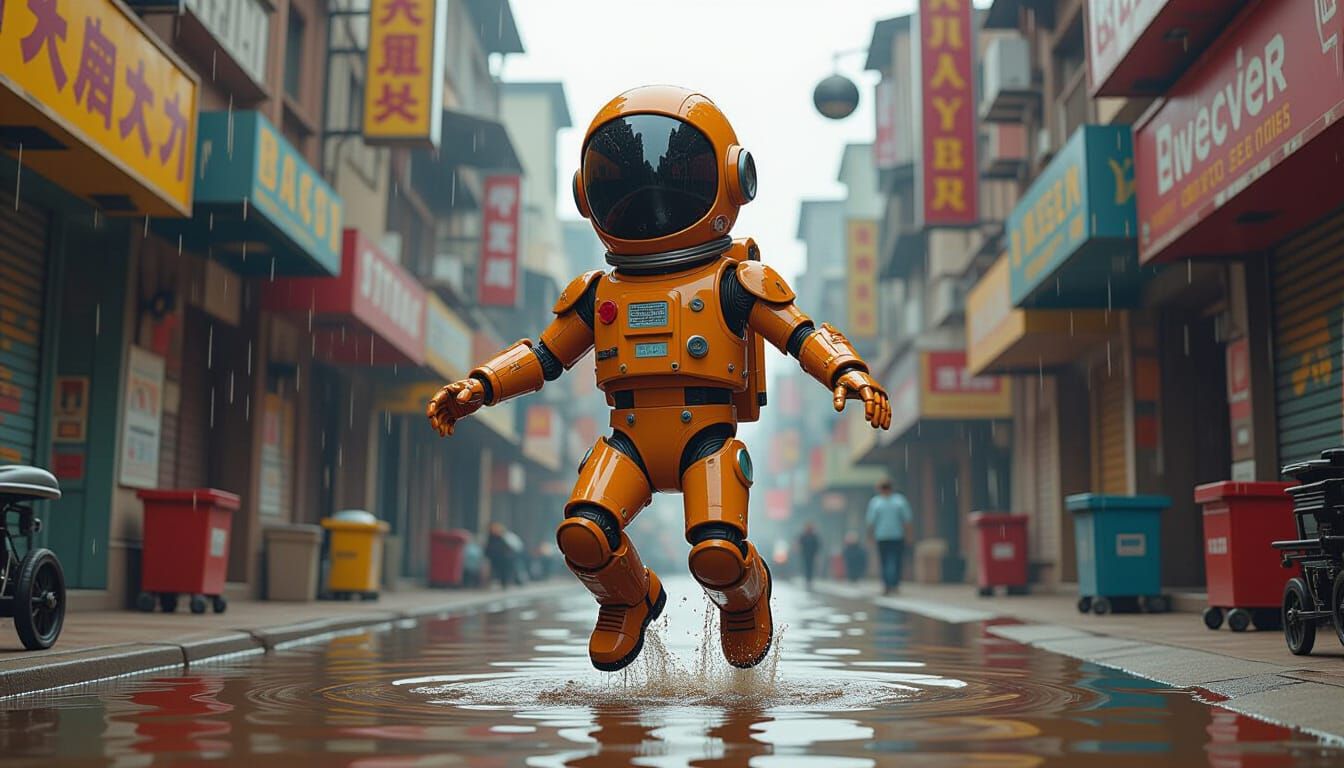 Chocolate Boy's Joyful Dance in a Dreamlike City