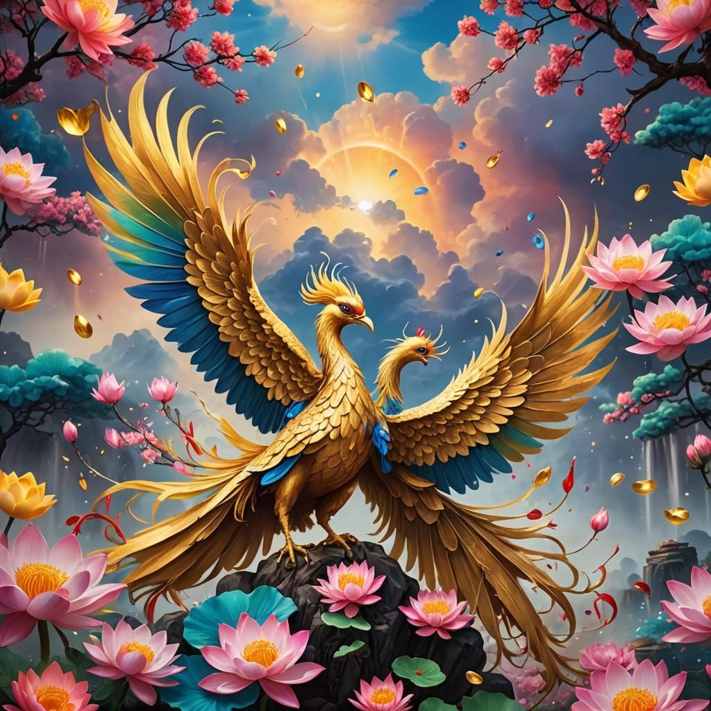 Golden Phoenix in Paradise with Lotus Flowers