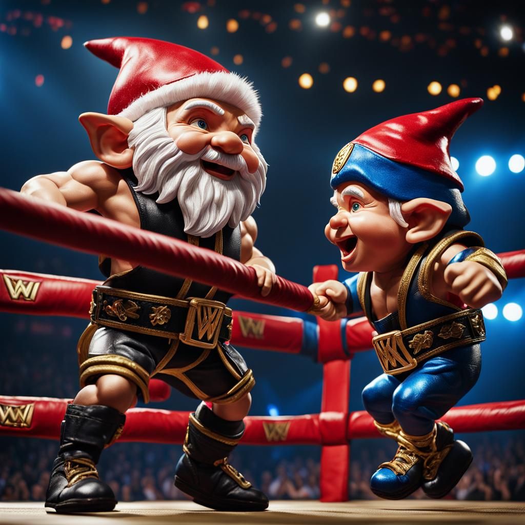 Gnome Wrestler Leaping into Tag-Team Action