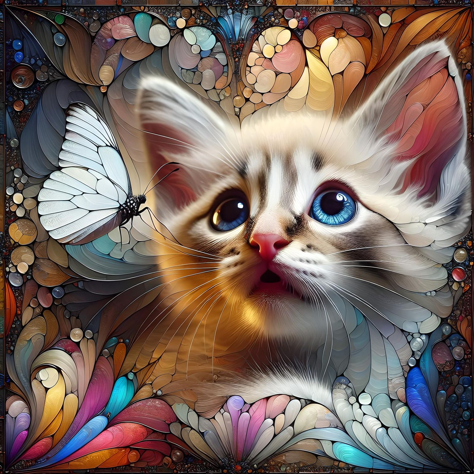 Surprised Kitten with Butterfly in Stained Glass Style