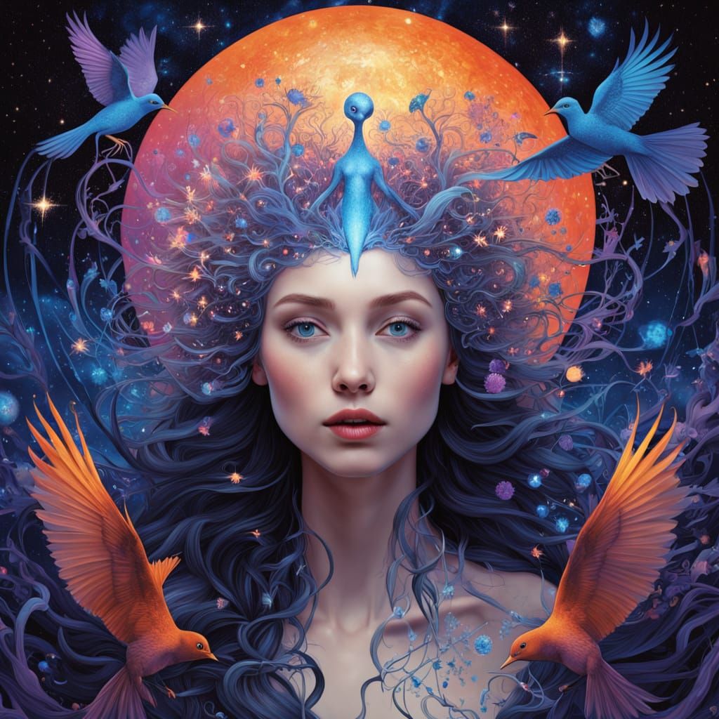 Ethereal Woman Transforms into Birds Amidst Cosmic Garden