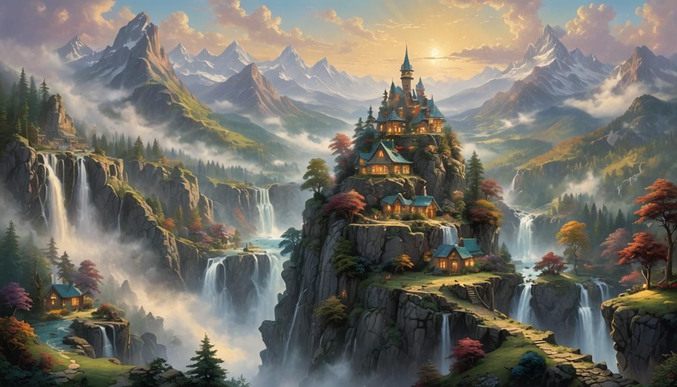 Fantasy World with Floating Islands, Ethereal Landscape