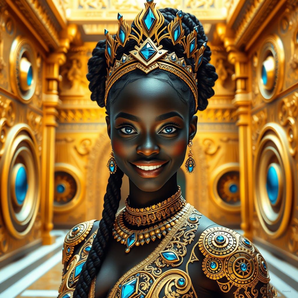 Futuristic Queen in Golden Temple Courtyard