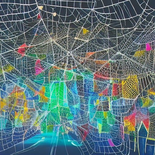 Fantastical Spiderweb City Tram in Splash Art Style