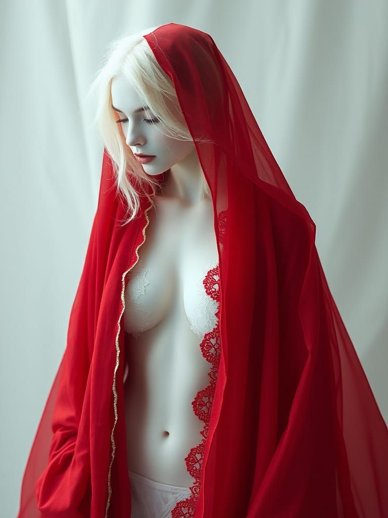 Ethereal Albino in Crimson Robes: Digital Art