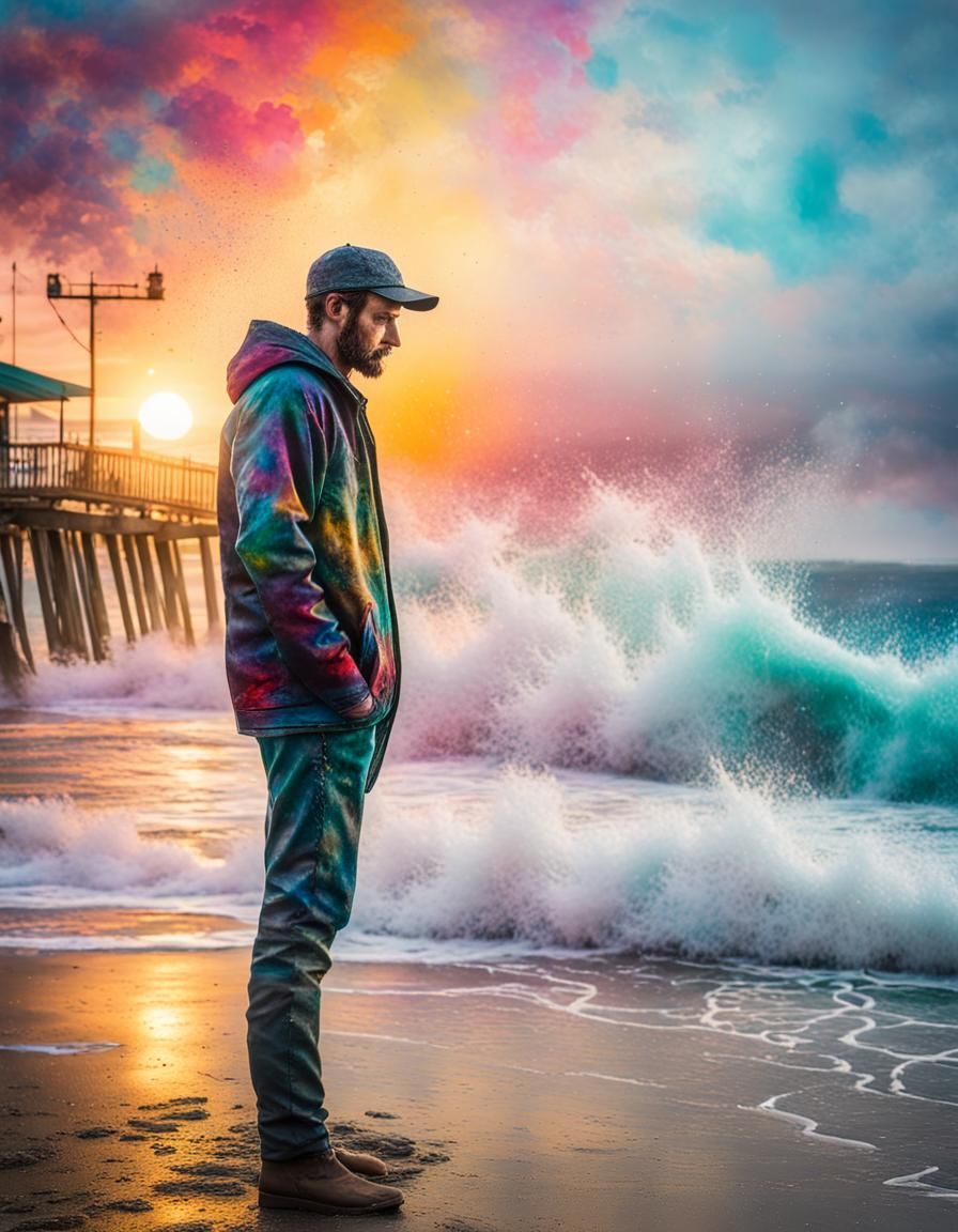 Man on Beach in Graffiti Splash Art Style