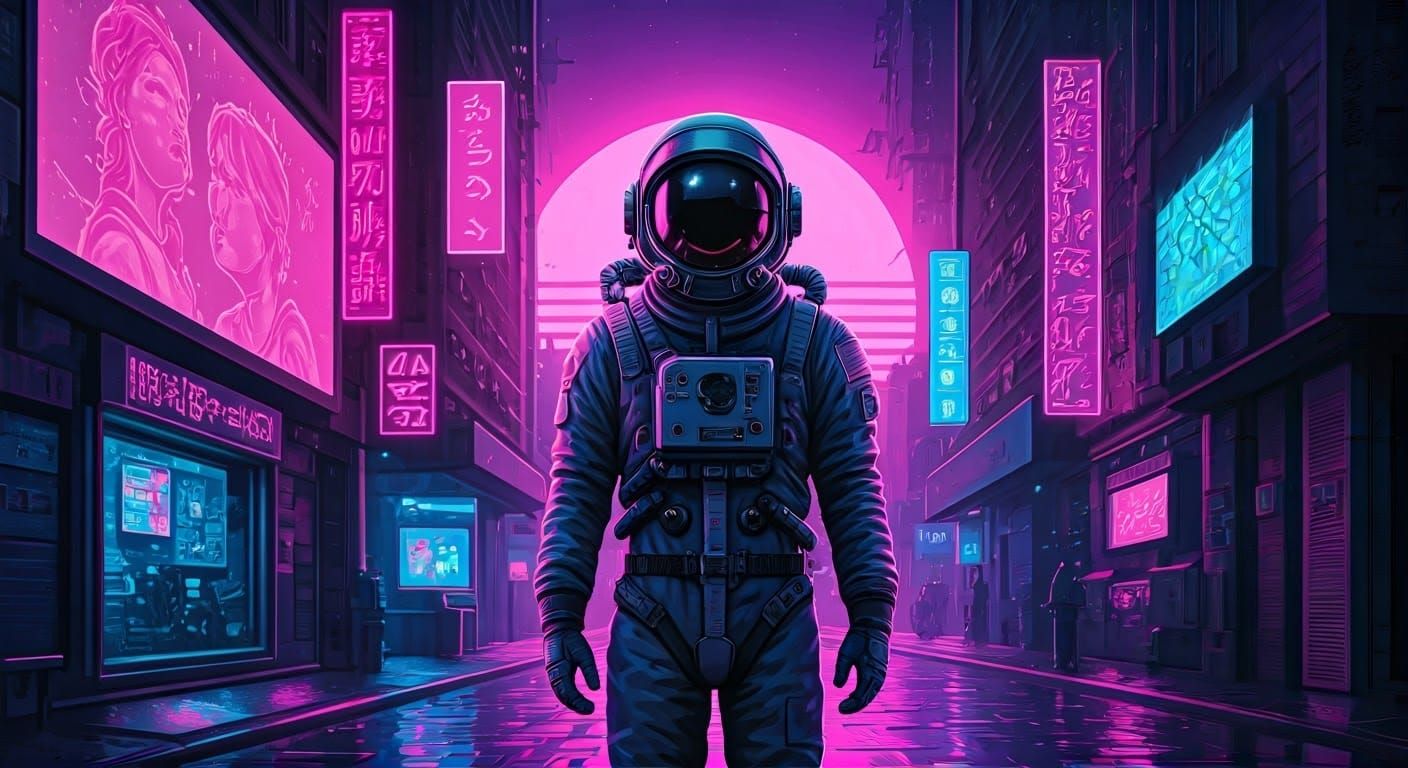 Neon Astronaut in Synthwave Cityscape
