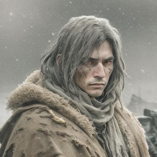 Defiant Figure in Snowy Landscape: Dark Fantasy Portrait