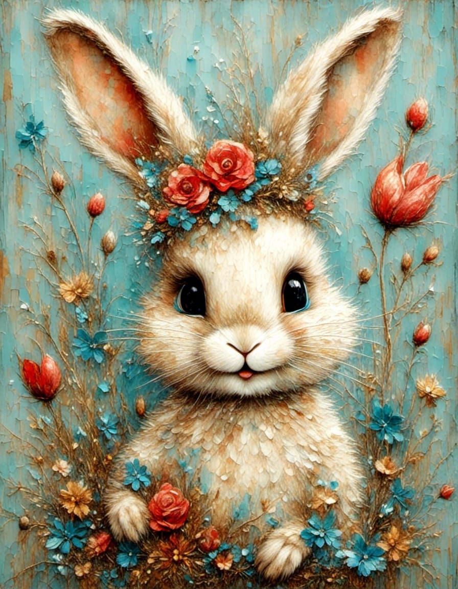 Whimsical cute little smiling baby rabbit