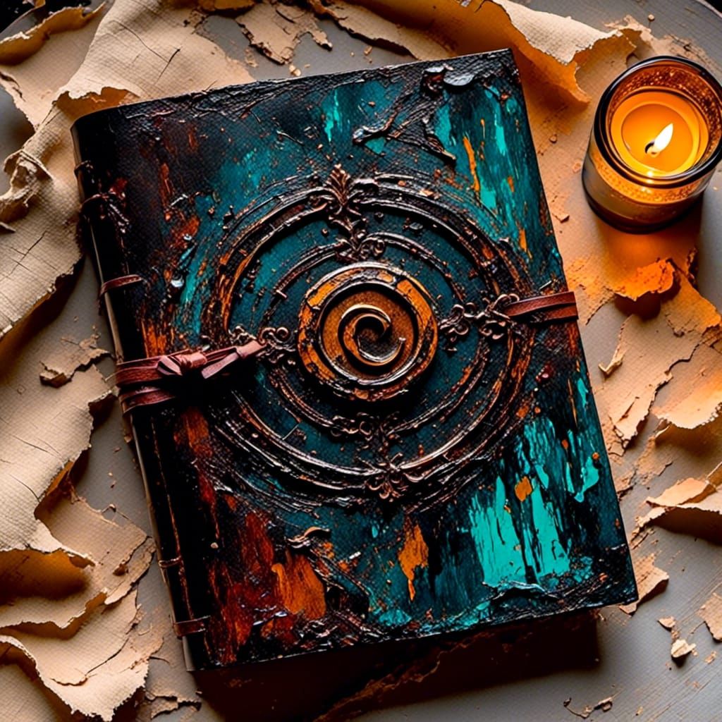 Leather Journal with Candle in Impasto Sculpt Style