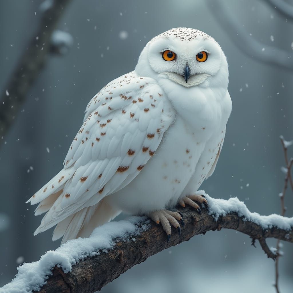 White Owl on Snowy Branch in Photorealistic Style
