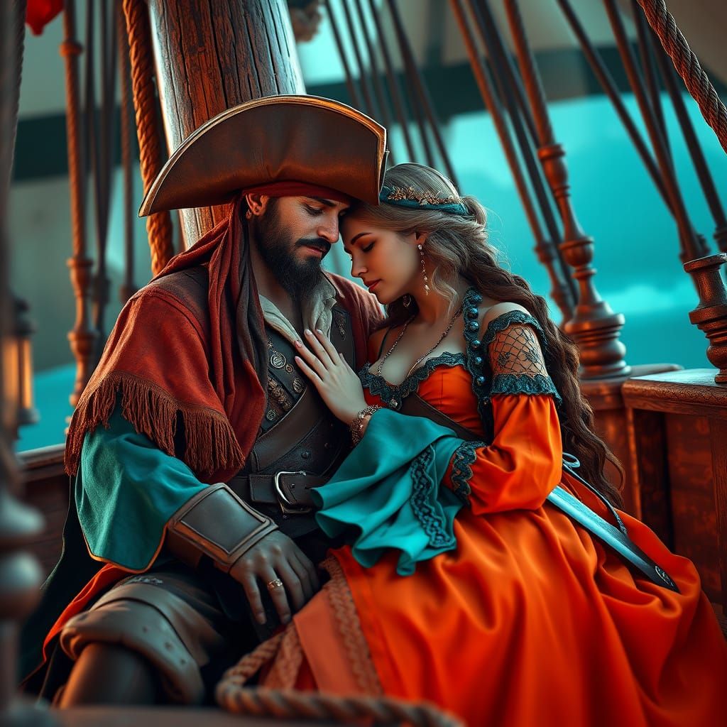 Pirate Lovers Embrace on Elegant Ship Deck