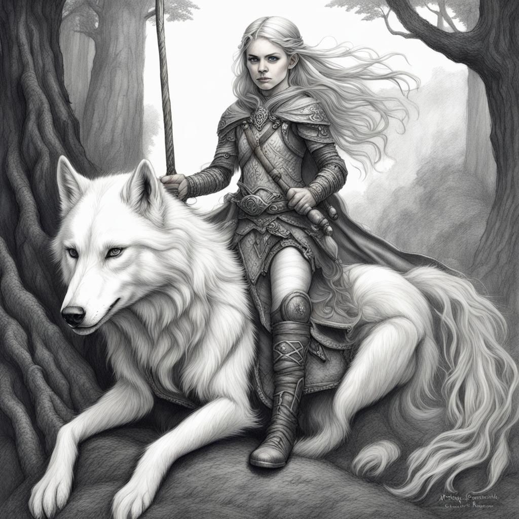Halfling Ranger Riding a White Wolf: Charcoal Drawing