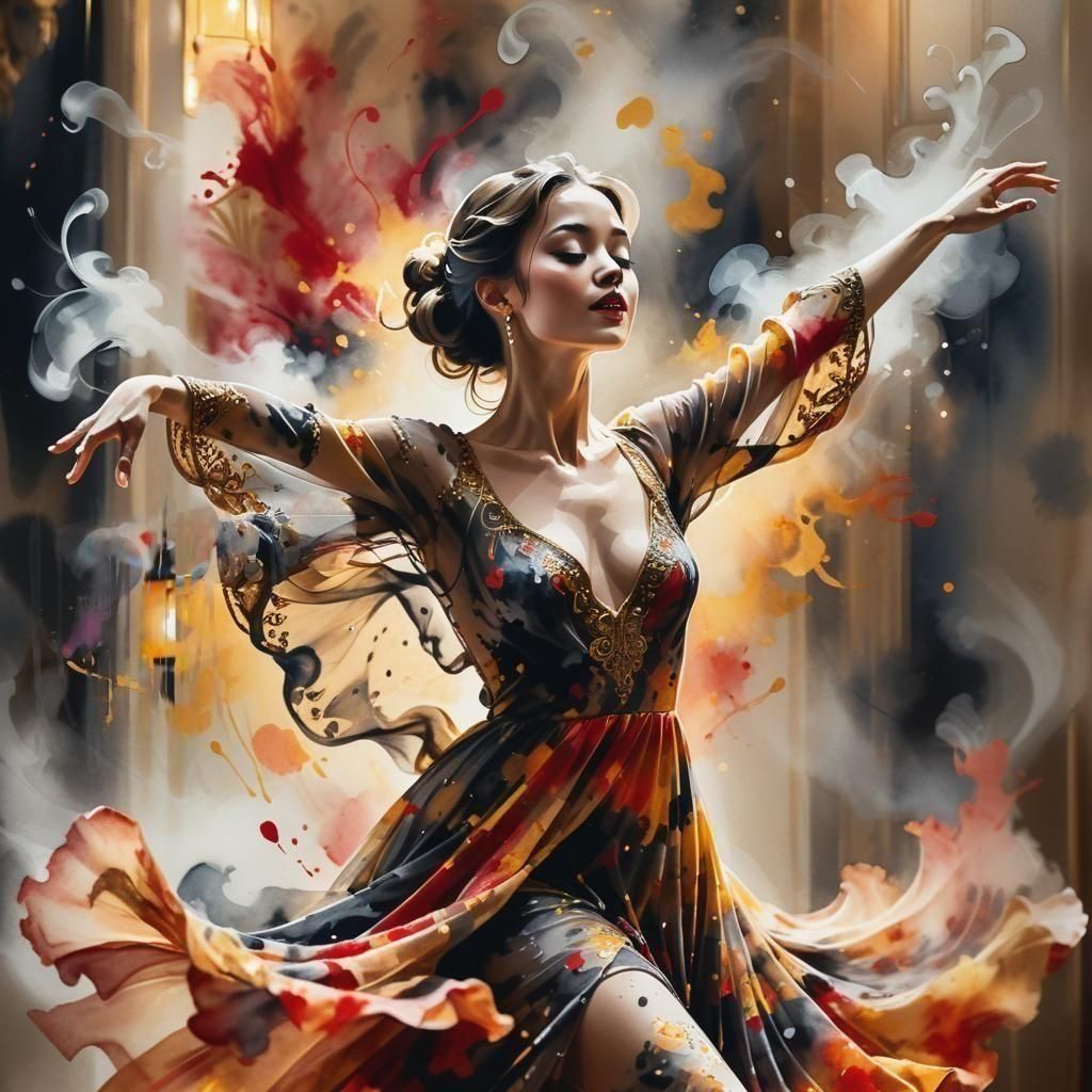 Elegant Dancer in Ink Splatter Art Style
