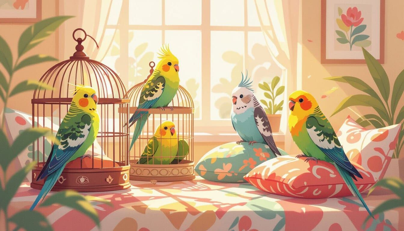 Joyful Pet Birds in Cozy Interiors, Painterly Style