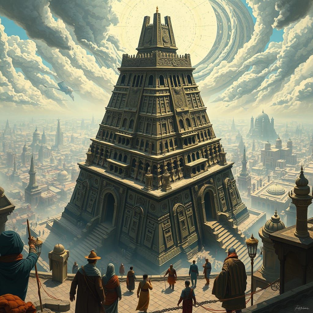 Ancient Futuristic Ziggurat Amidst Cultural Chaos