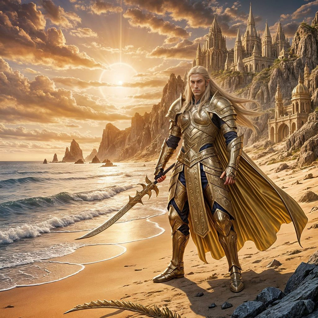 Golden Elven Swordsman on Scenic Coast