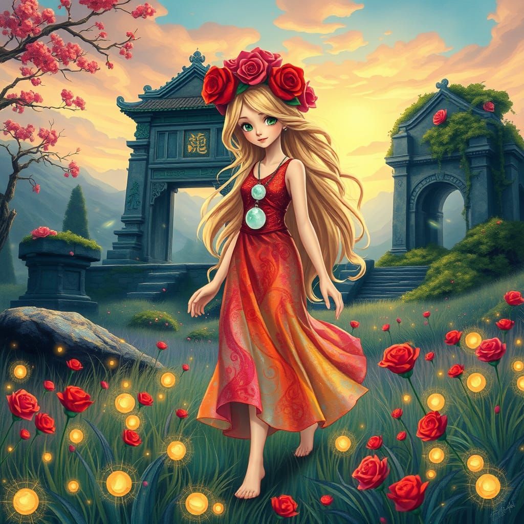 Ethereal Goddess Amidst Whimsical Landscapes