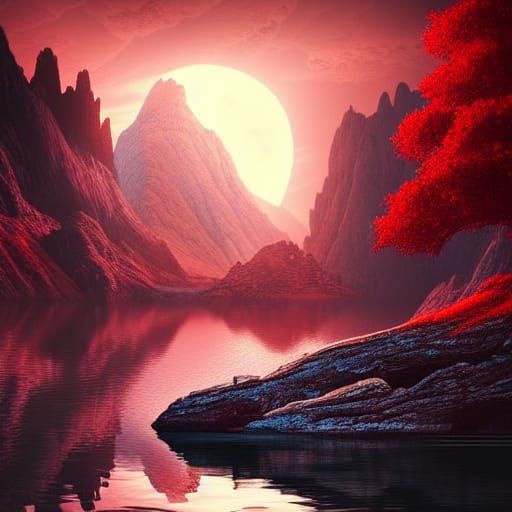 Red Tree on Lake at Dawn: Digital Matte Painting