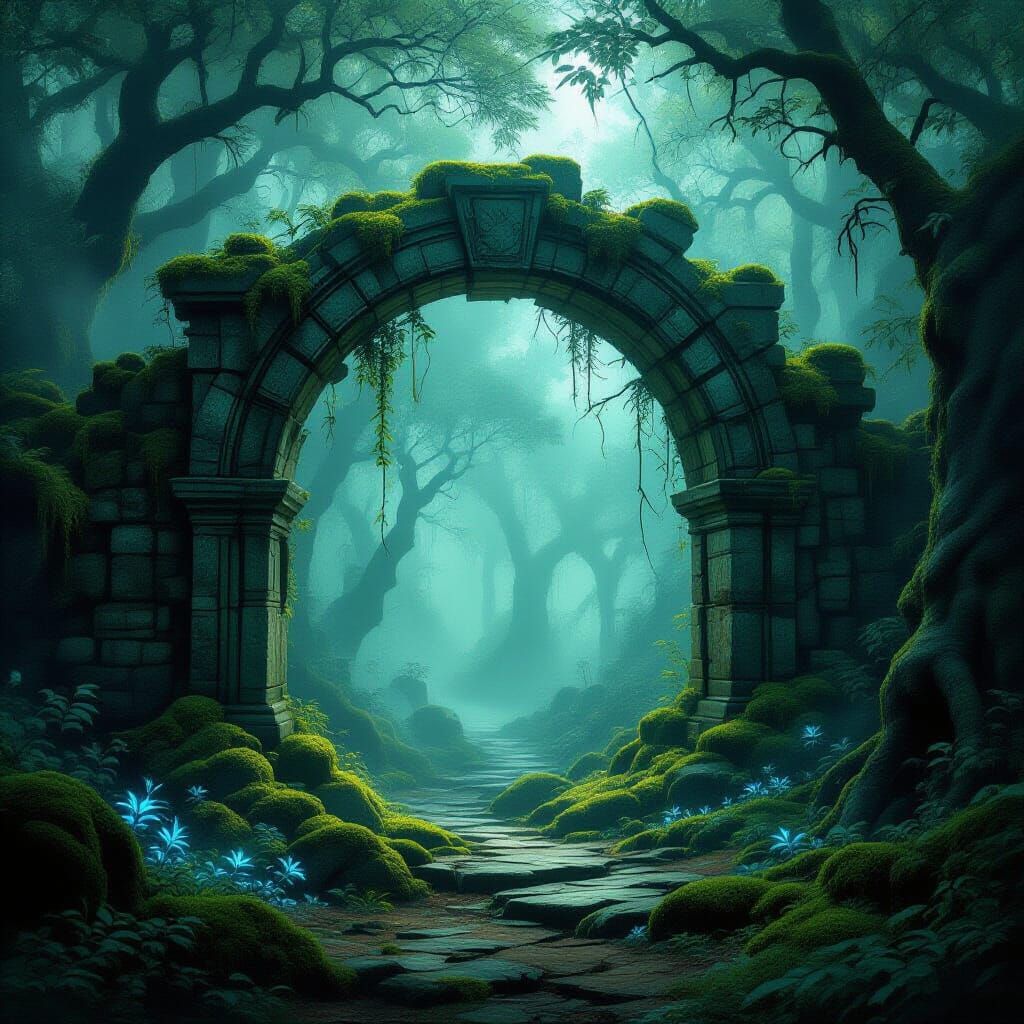 Mystical Forest Archway in Moody Fantasy Art Style