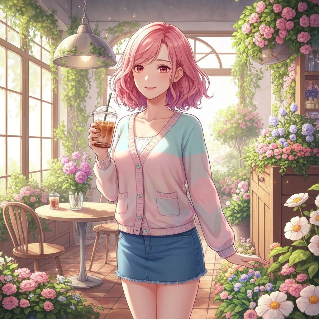 Anime Girl in a Whimsical Garden Cafe