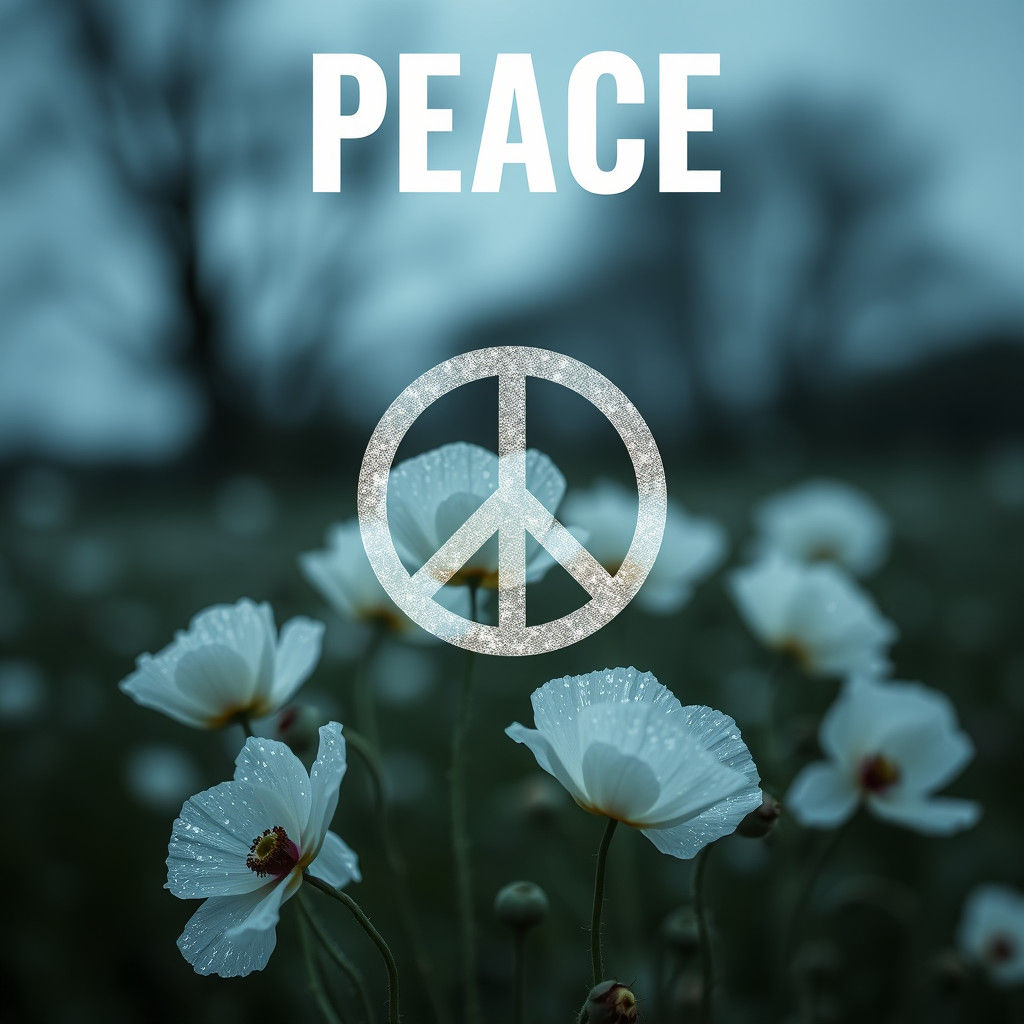 Peace Symbol with White Poppies and Glittery Logo