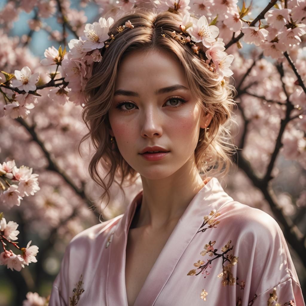 Girl with Cherry Blossom Hair in Digital Portrait