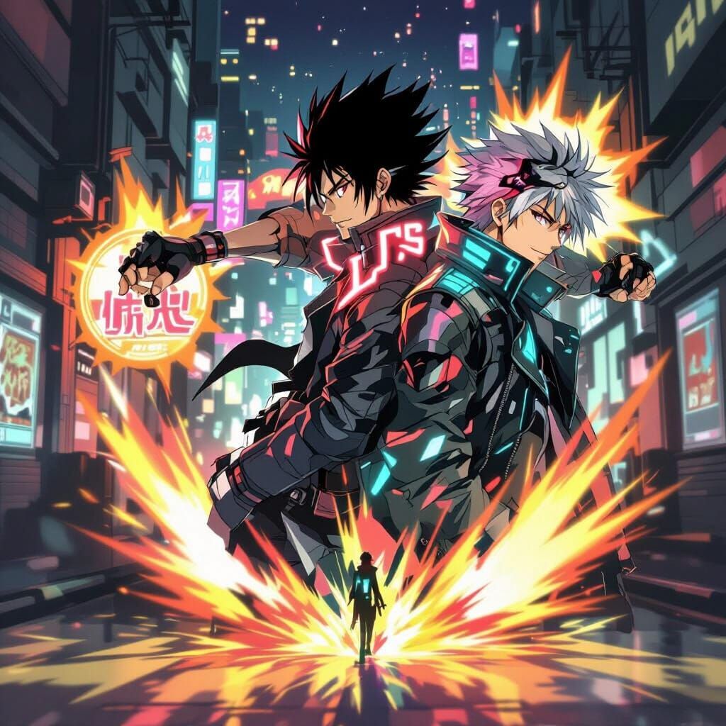 Anime Cyberpunk Duo in Neon City Alley