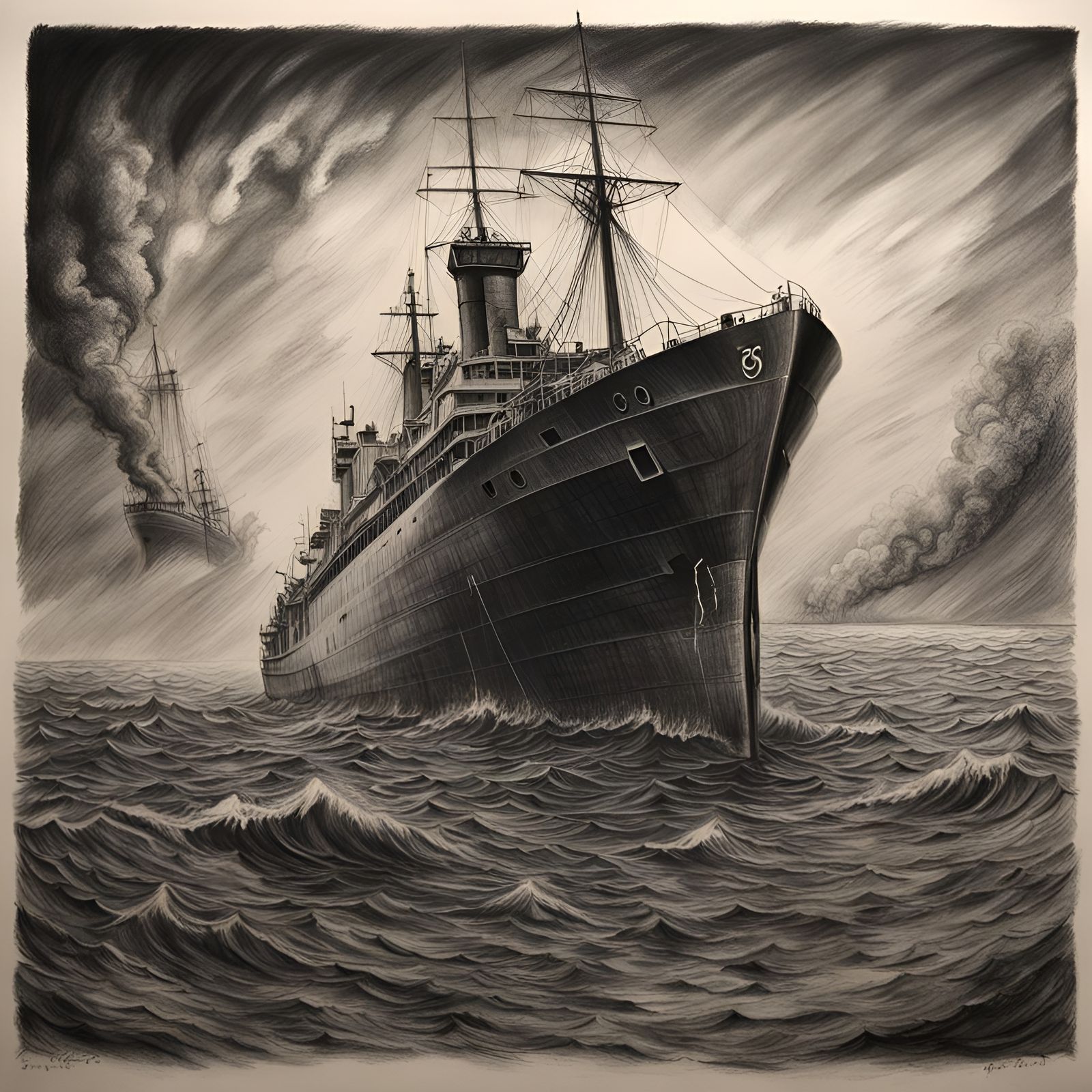 Hyperdetailed Charcoal Drawing of a Sinking Ship