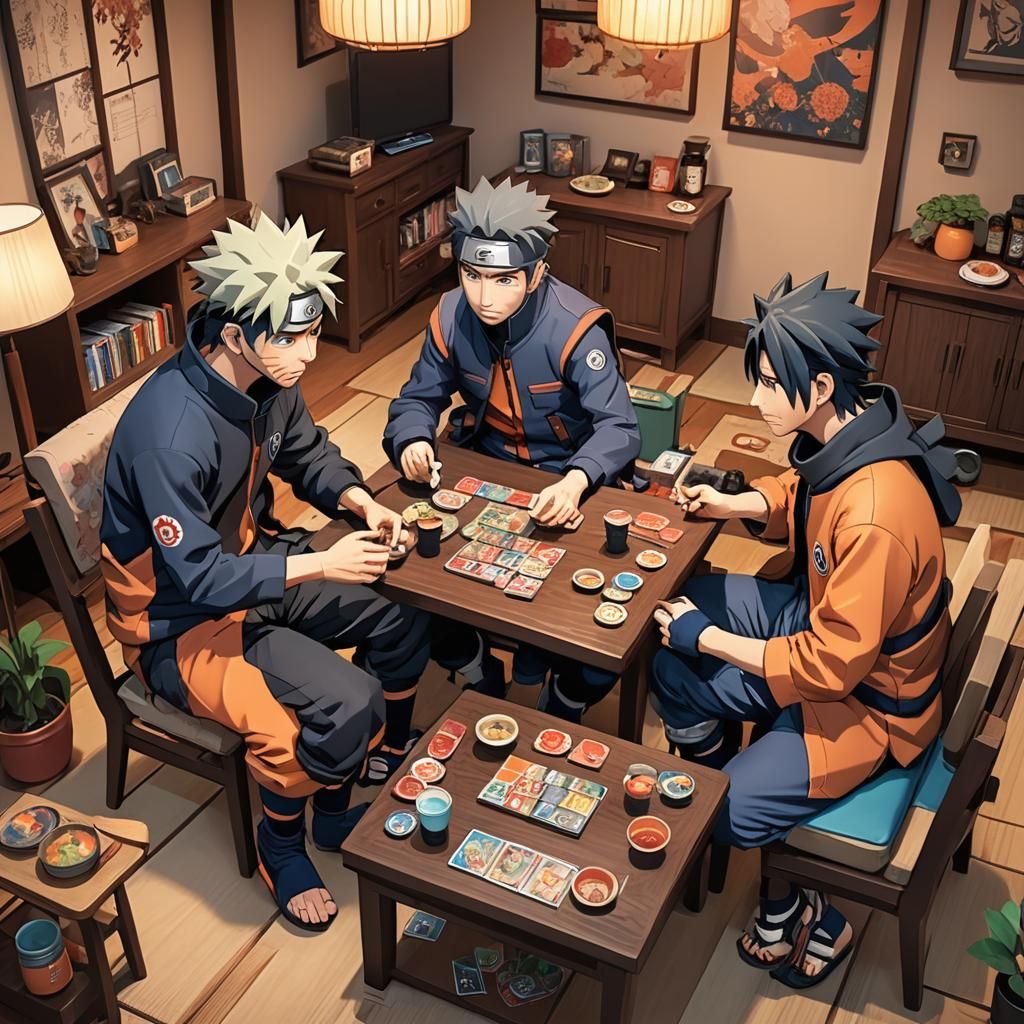 Naruto, Kakashi, and Sasuke Play UNO in 3D Anime Art