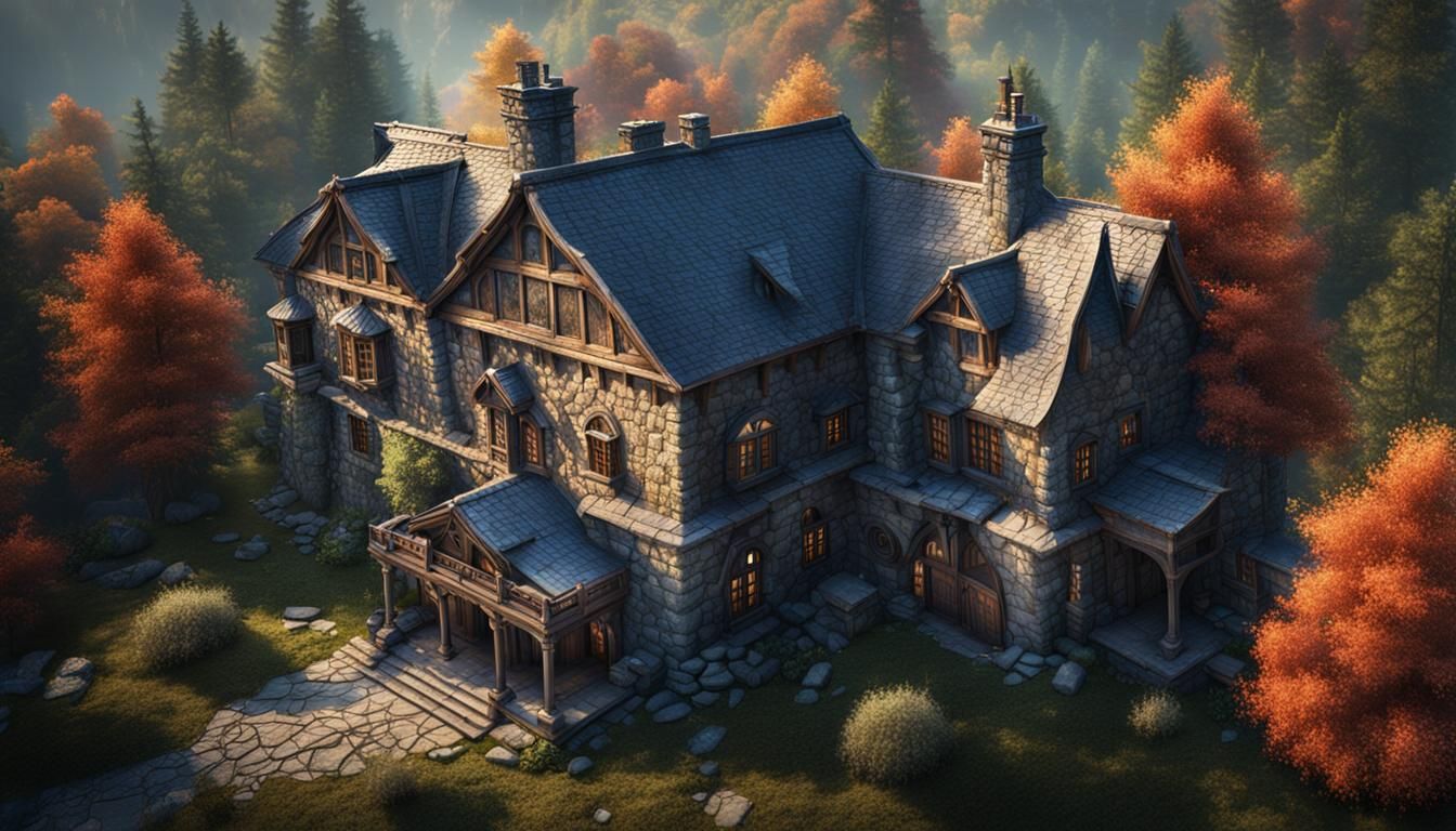 Stone House in Woods: Detailed Matte Painting