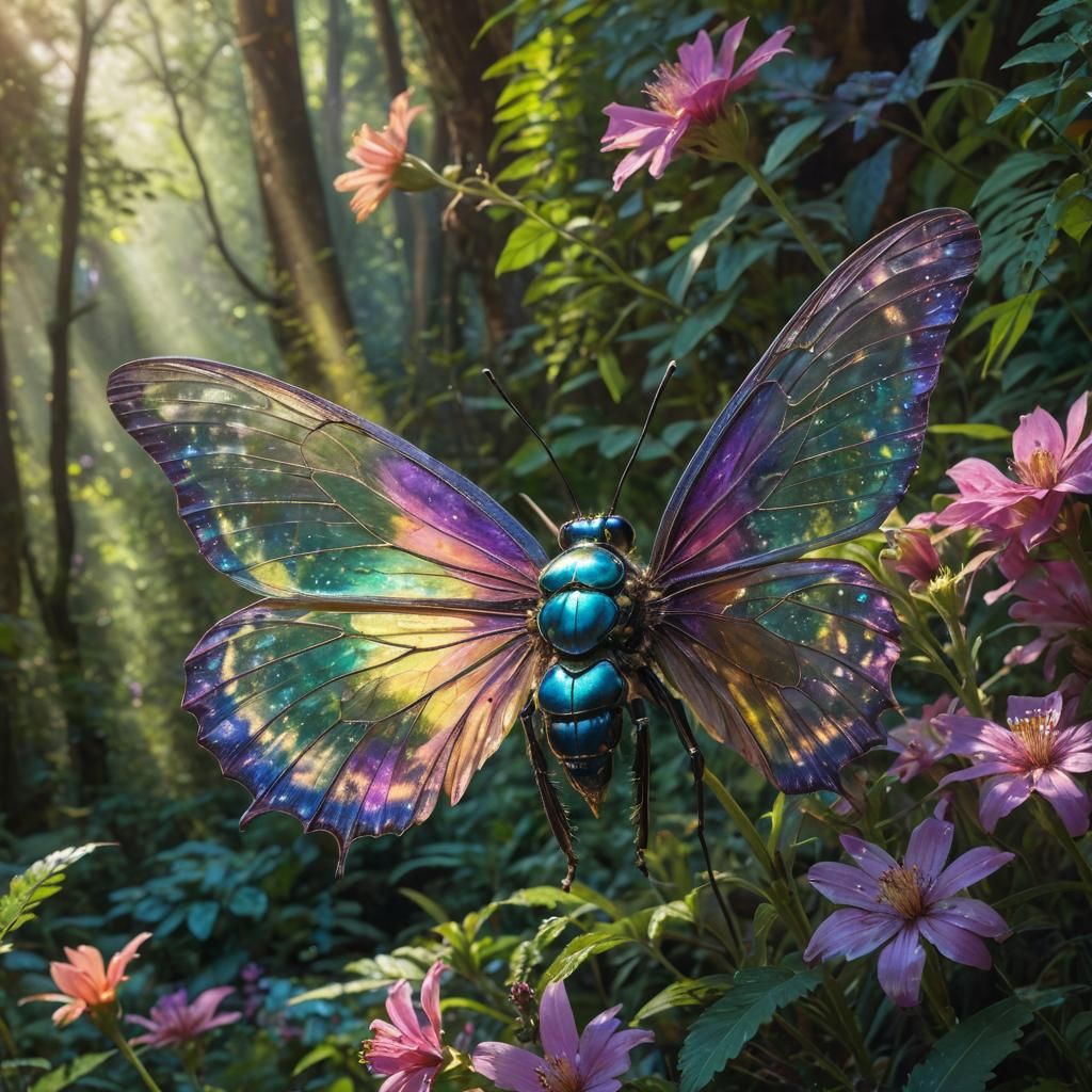 Iridescent Insect on Flower: Hyperrealistic Concept Art