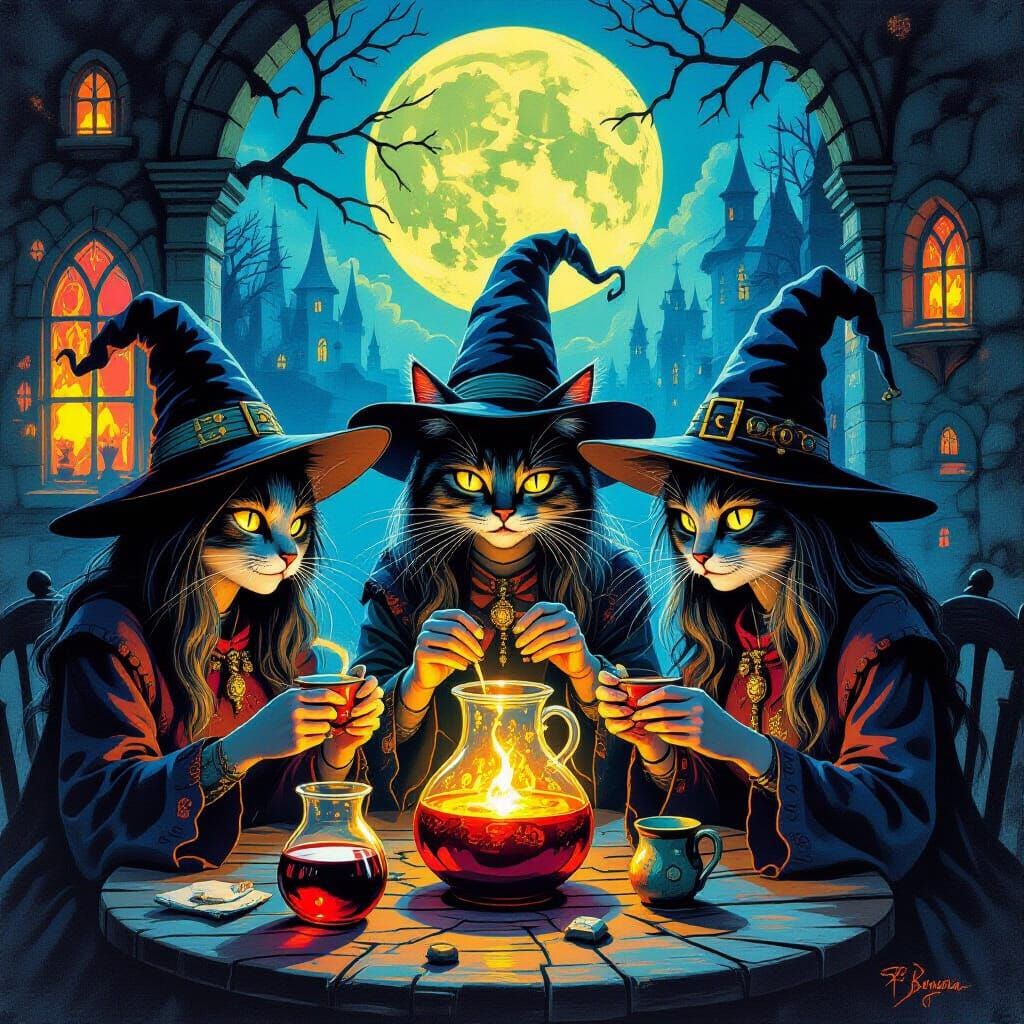 Witches and Cat Baristas in Moonlit Spooky Coffeehouse