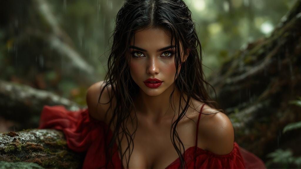 Hispanic Woman in Red Dress, Rainy Forest, Dark Fantasy
