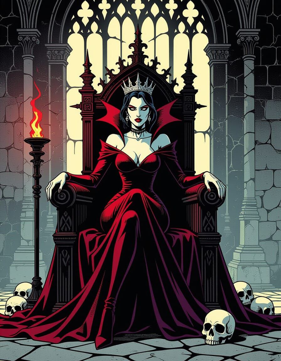 Vampire Queen on Skull Throne in Comic Book Style