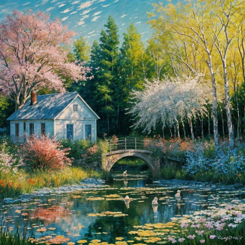 Impressionist Glade with Bunnies in Monet Style