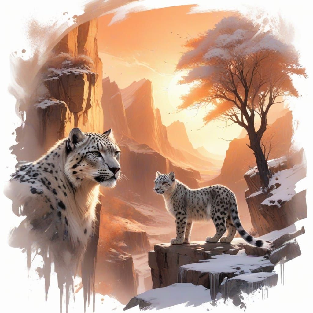 Snow Leopard in Winter Crystal Canyon: Watercolour Painting