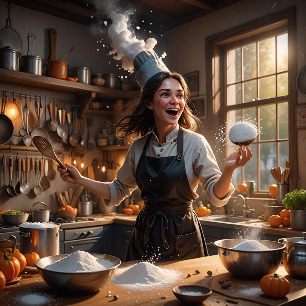 Young Witch Creates Magical Kitchen Chaos in Digital Paintin...