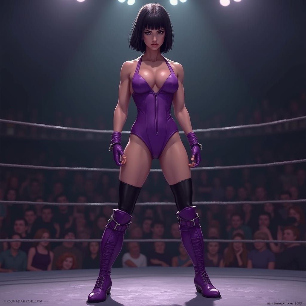 Hyper Realistic Dark Haired Female Wrestler in Purple Leotar...