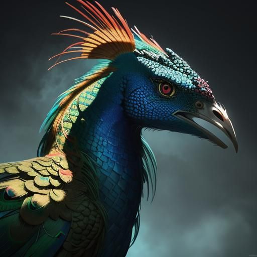 Dragon Woman Portrait with Peacock Feathers, Hyperrealism