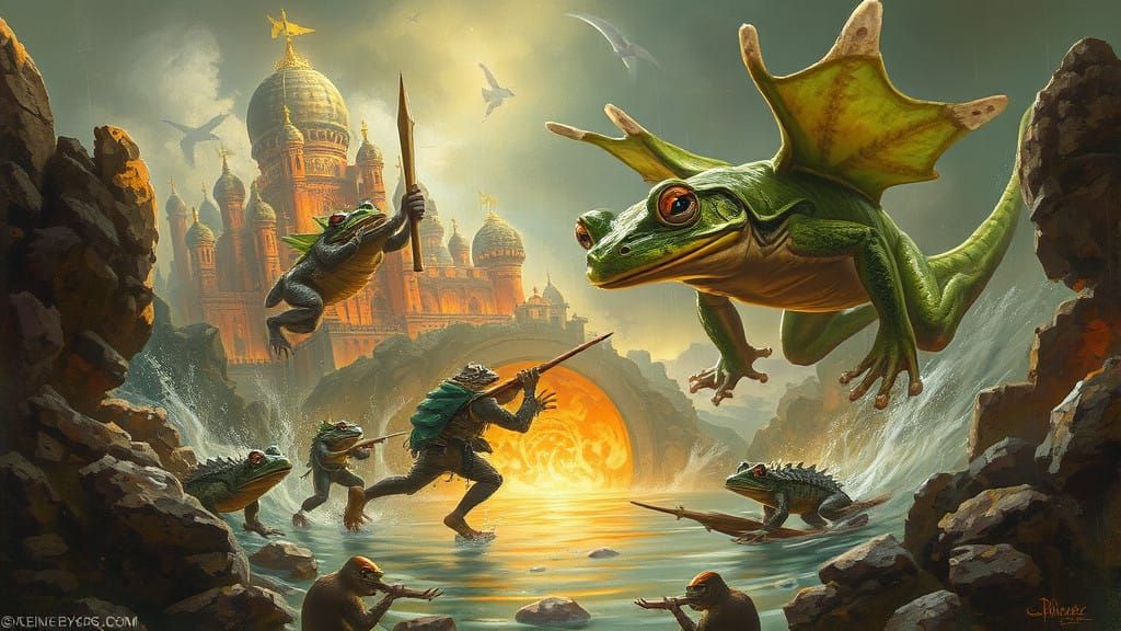 Surreal Amphibian Realm Under Siege by Reptilian Invaders