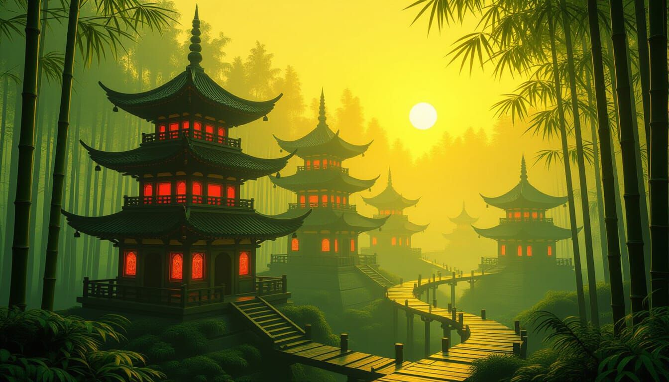 Luminous Bamboo Pagoda Village in Neon Palette