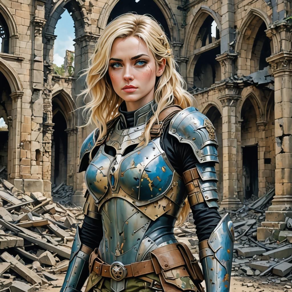 Armored Woman in Ruined Village, Comic Art Style