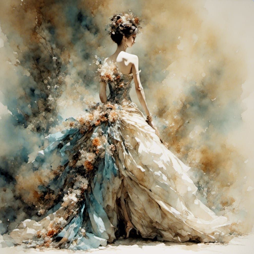 Elegant Lady in Gown with Realistic Ink Colors