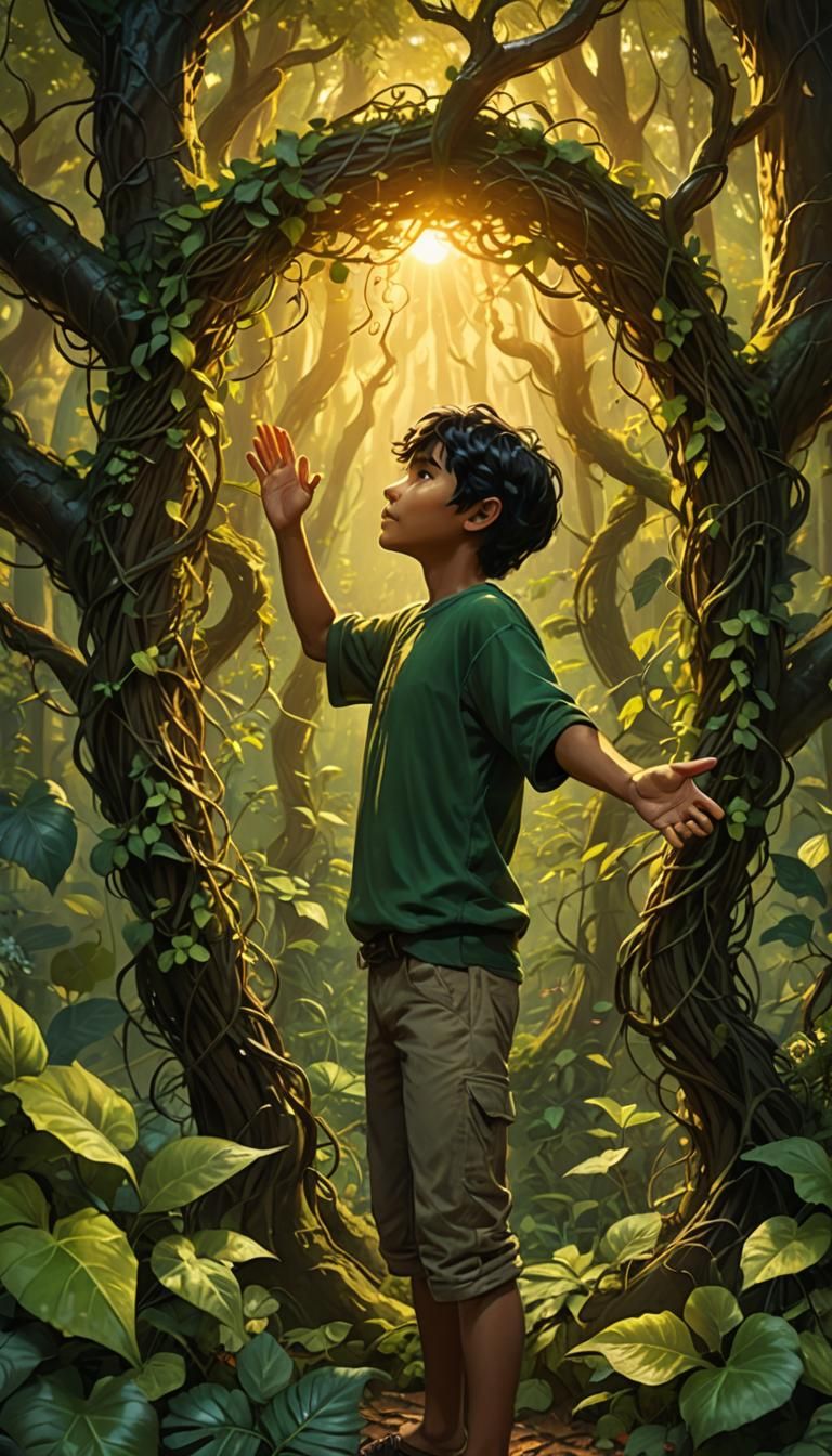 Fantasy Boy Controls Vine in Mystical Forest
