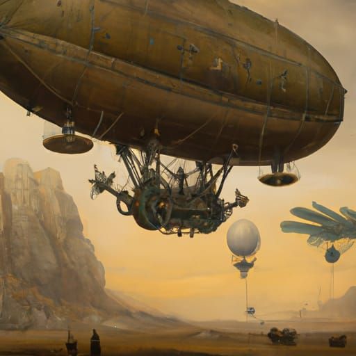 Airship Battle in Industrial Landscape: Oil Painting