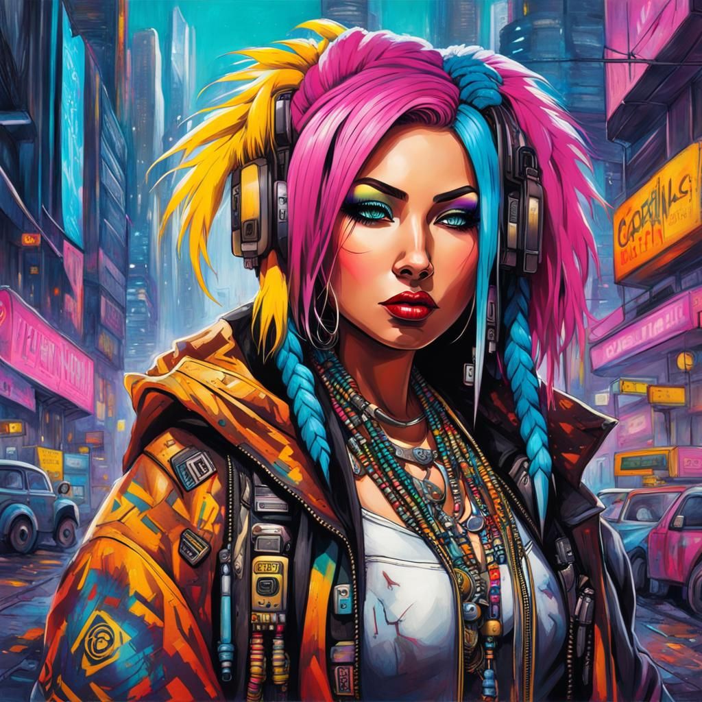 Cyberpunk Native American Woman in Cityscape Graffiti Art