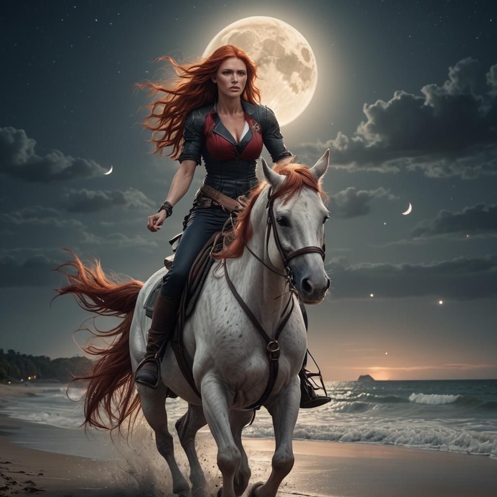Red-Haired Woman on Horseback Under Moonlight